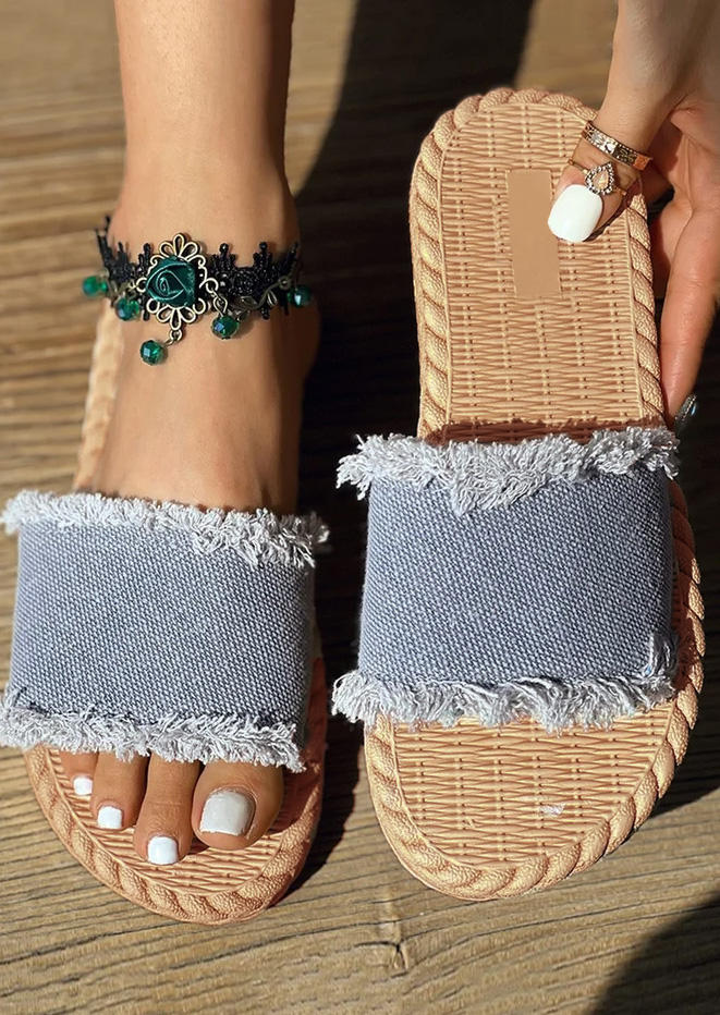 

Frayed Canvas Round Toe Flat Beach Slippers - Blue, SCM014797