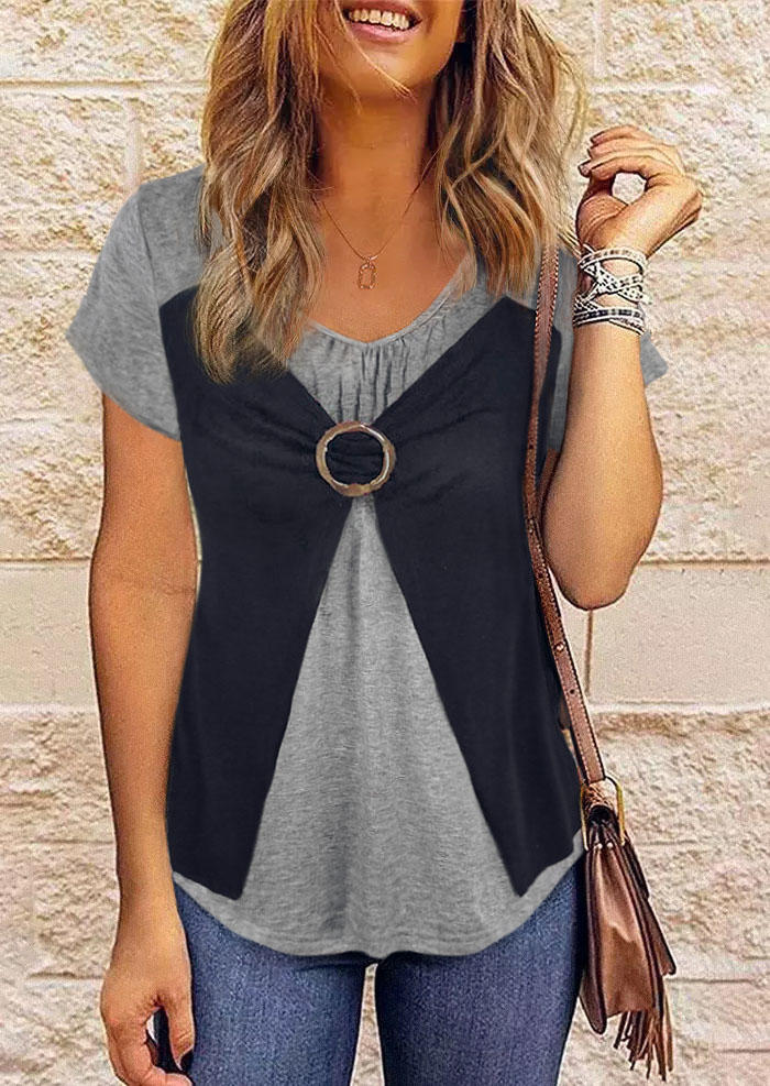

Ruffled V-Neck Fake Two-Piece Blouse, Multicolor, SCM014379