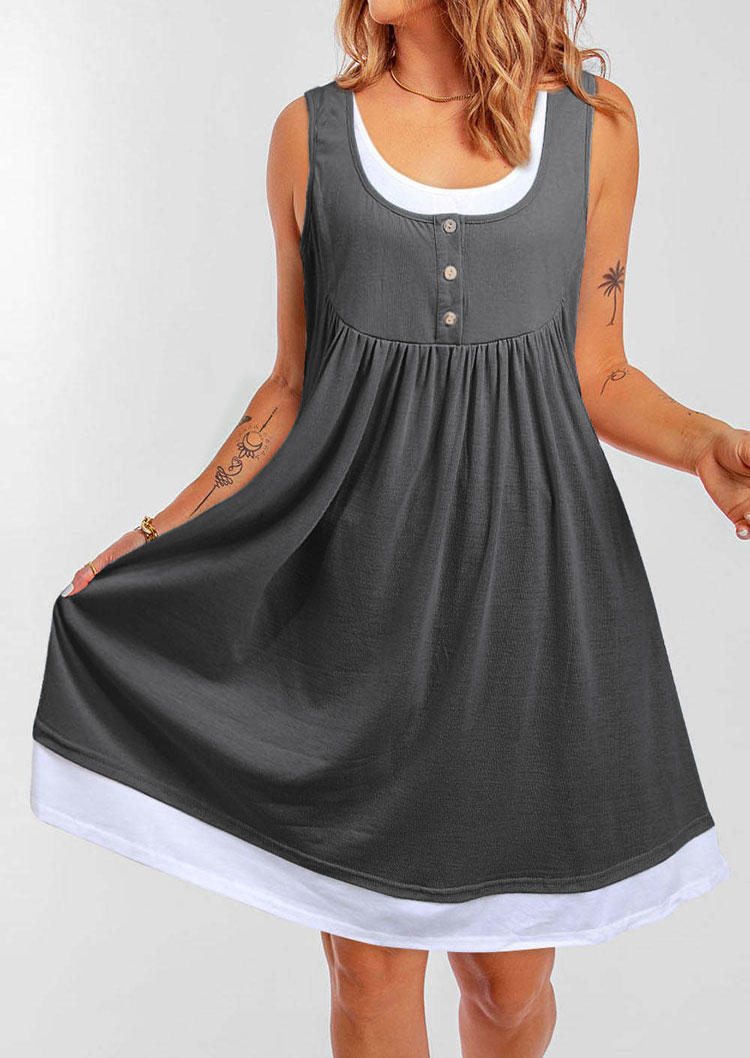 

Color Block Button Ruffled Fake Two-Piece Mini Dress - Dark Grey, Gray, SCM014645