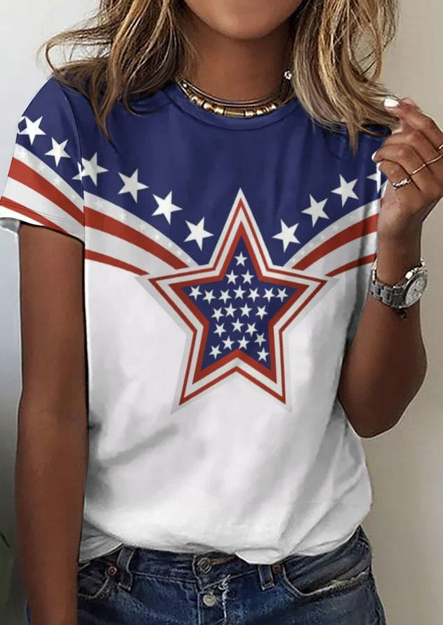 

American Flag O-Neck T-Shirt Tee - White, SCM014657