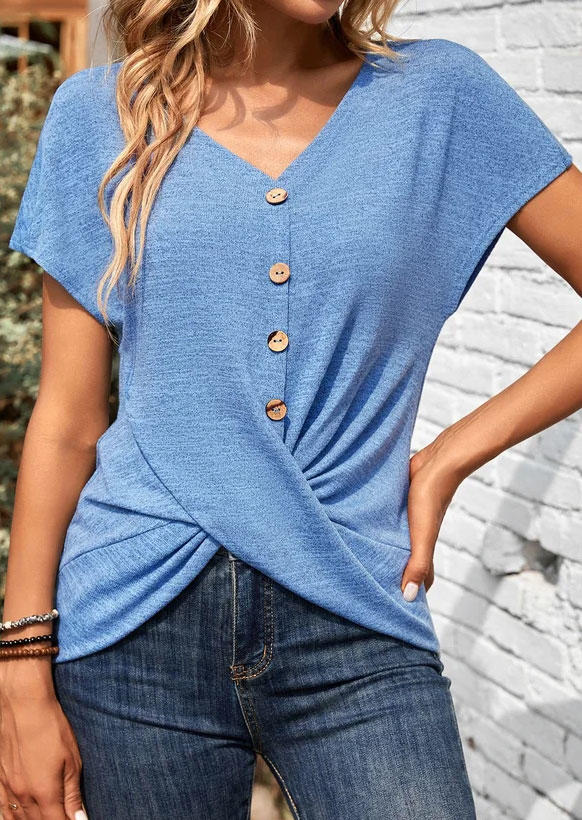 

Button Twist Short Sleeve Blouse - Blue, SCM014710