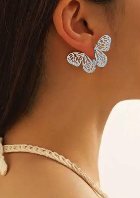 

Rhinestone Hollow Out Butterfly Earrings, Silver, SCM015008