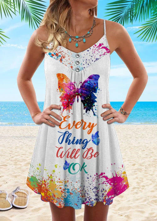 

Everything Will Be Ok Butterfly Spaghetti Strap Mini Dress, Multicolor, SCM015010