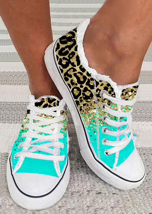 

Leopard Gradient Frayed Lace Up Flat Sneakers - Cyan, Blue, SCM015013