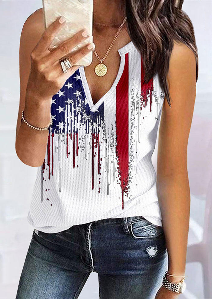 

American Flag Waffle Notched Neck Tank, Multicolor, SCM014429