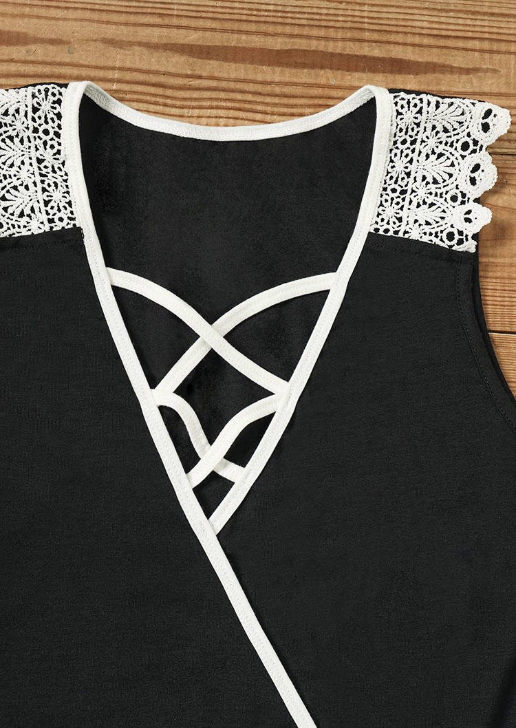 Lace Splicing Criss-Cross Slit Mini Dress - Black