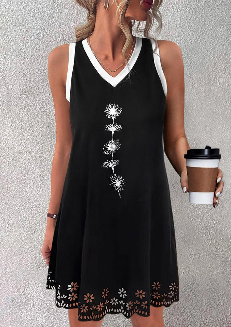 

Floral Hollow Out V-Neck Mini Dresses - Black, SCM014469