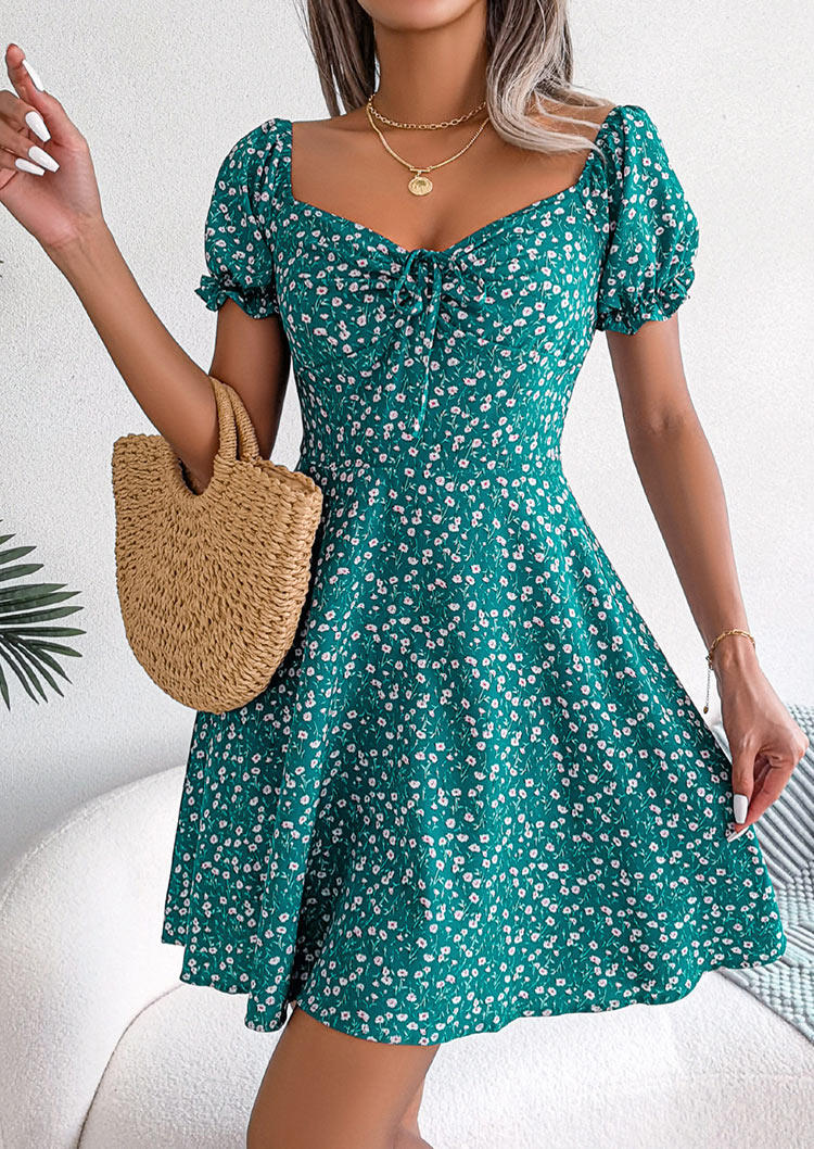 

Ditsy Floral Ruffled Puff Sleeve Mini Dress - Green, SCM014768