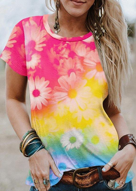 

Floral Gradient O-Neck Blouses, Multicolor, SCM014839
