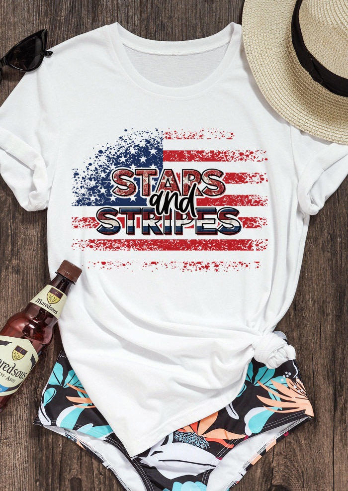 

Stars And Stripes American Flag T-Shirt Tee - White, SCM015000