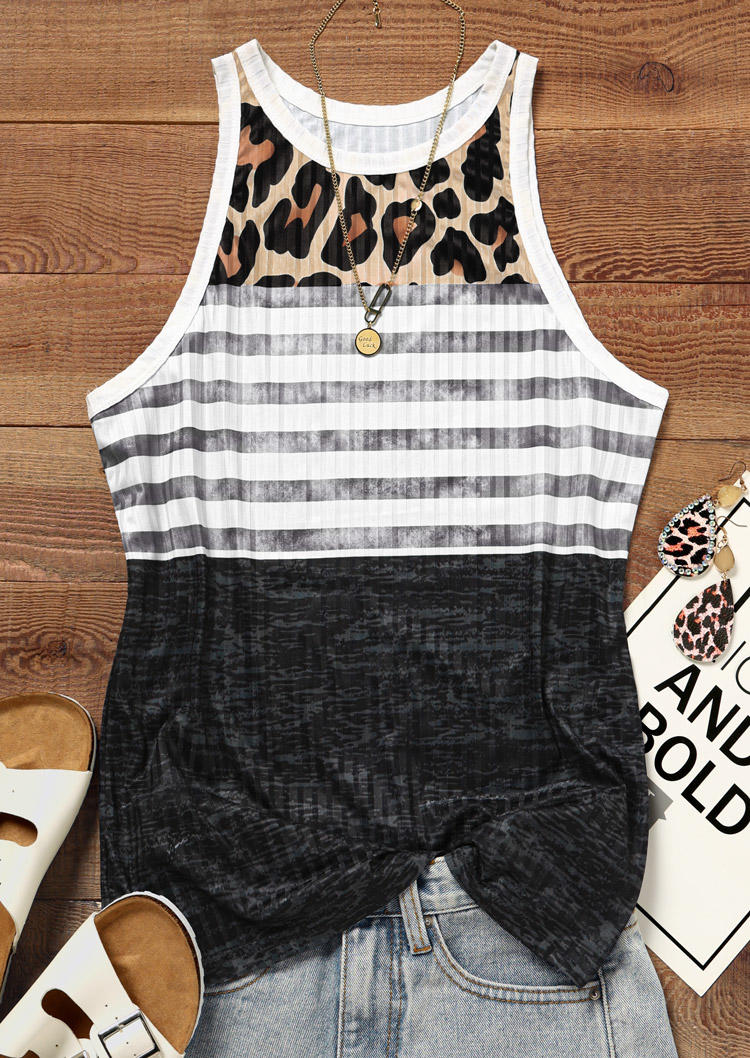 Leopard Striped Color Block Ribbed Tank