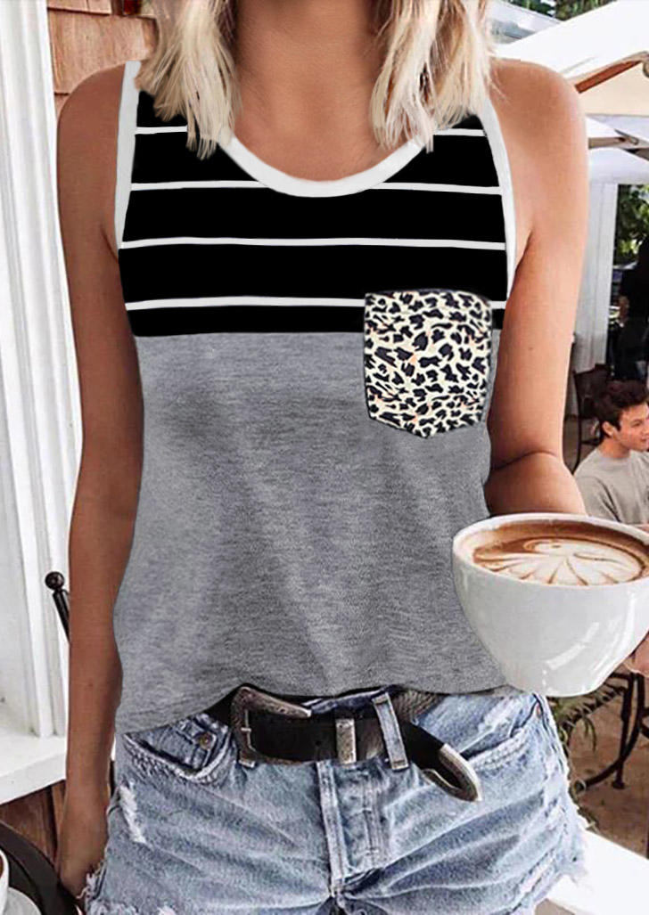 

Leopard Pocket Striped O-Neck Tank, Multicolor, SCM014191