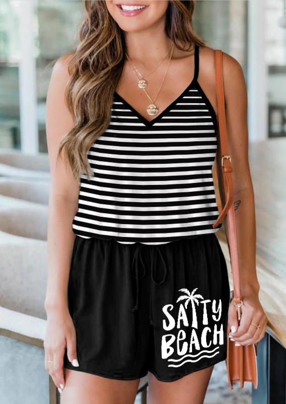 

Salty Beach Striped Coconut Tree Romper - Black, SCM014201