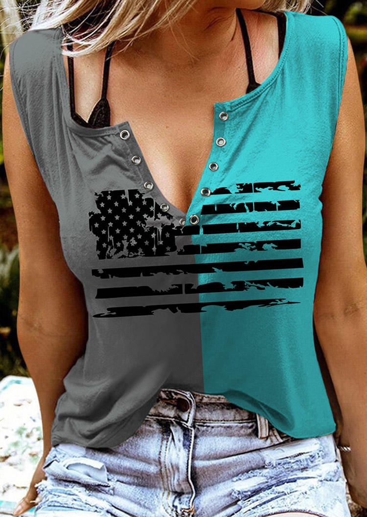 

American Flag Color Block Notched Collar Tank without Camisole, Multicolor, SCM014876