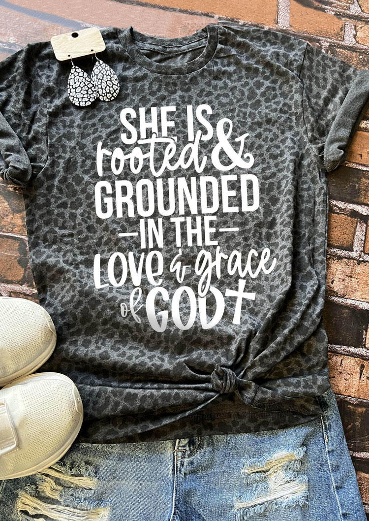 

She Is Rooted And Grounded In The Love And Grace Of God Leopard T-Shirt Tee - Dark Grey, Gray, SCM014943