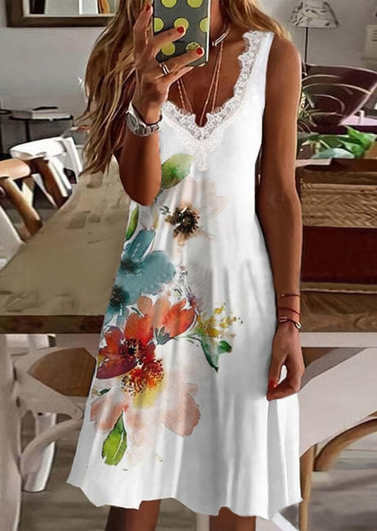 

Lace Splicing Floral Mini Dress - White, SCM014978