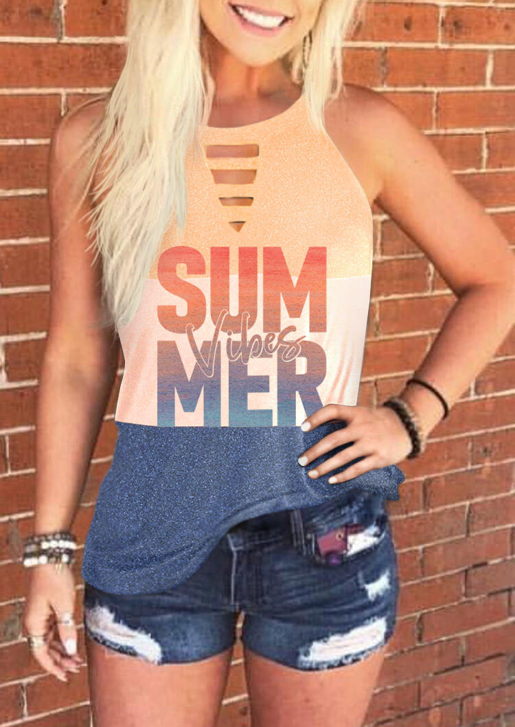 

Summer Vibes Color Block Hollow Out Block Keyhole Neck Tank, Multicolor, SCM015088