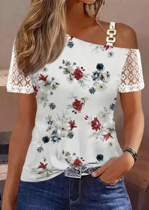 

Floral Lace Metal Chain One Sided Cold Shoulder Blouse, Multicolor, SCM014456