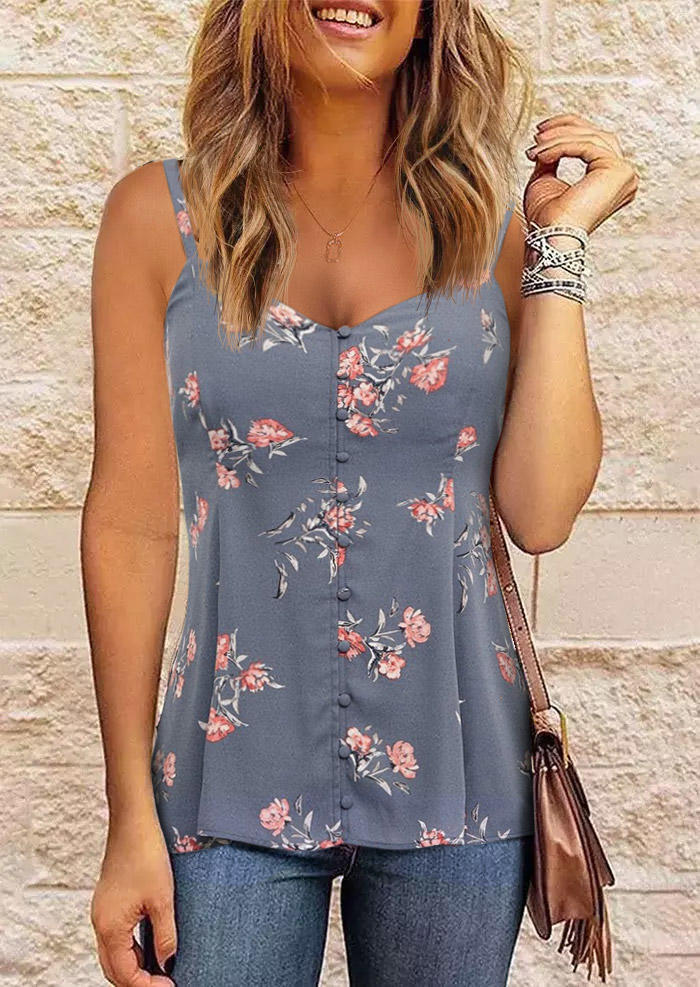 

Floral Button Ruffled Smocked Camisole - Gray, SCM014726