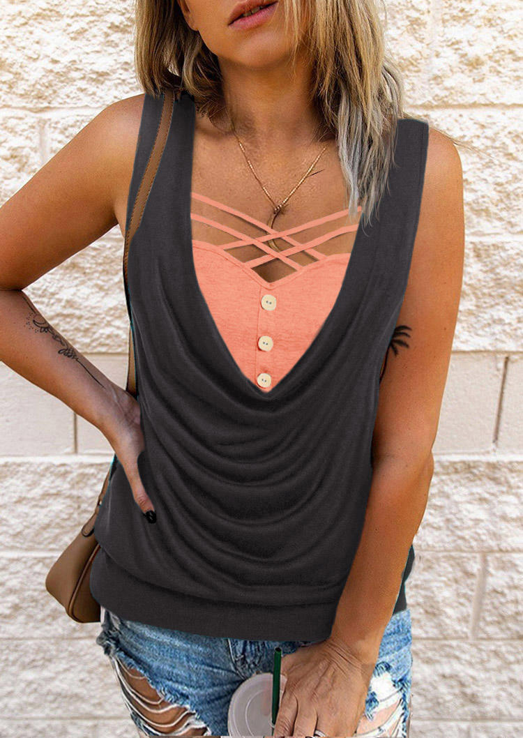 

Color Block Button Criss-Cross Fake Two-Piece Tank - Dark Grey, Gray, SCM014842