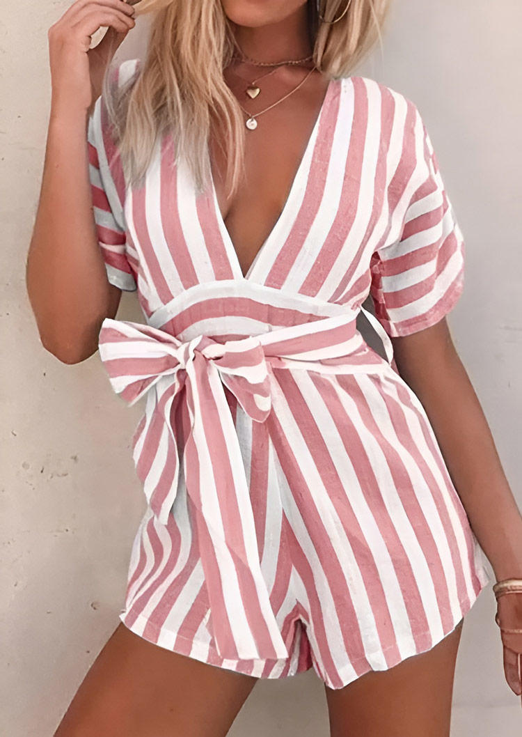 

Striped Zipper V-Neck Romper with Belt - Pink, SCM014994