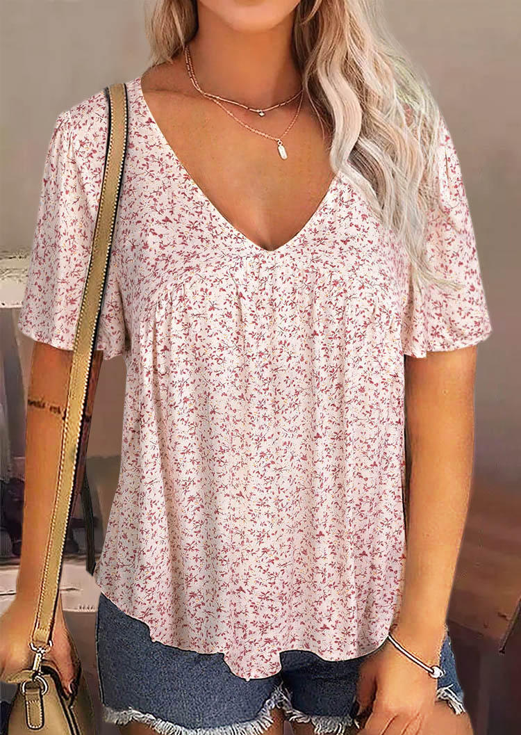 

Ditsy Floral Ruffled V-Neck Blouse - Pink, SCM014376