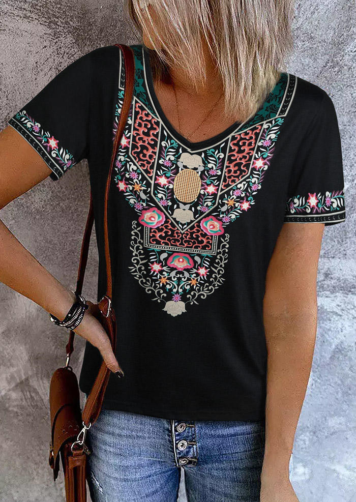 

Floral Ethnic V-Neck Blouse - Black, SCM014843