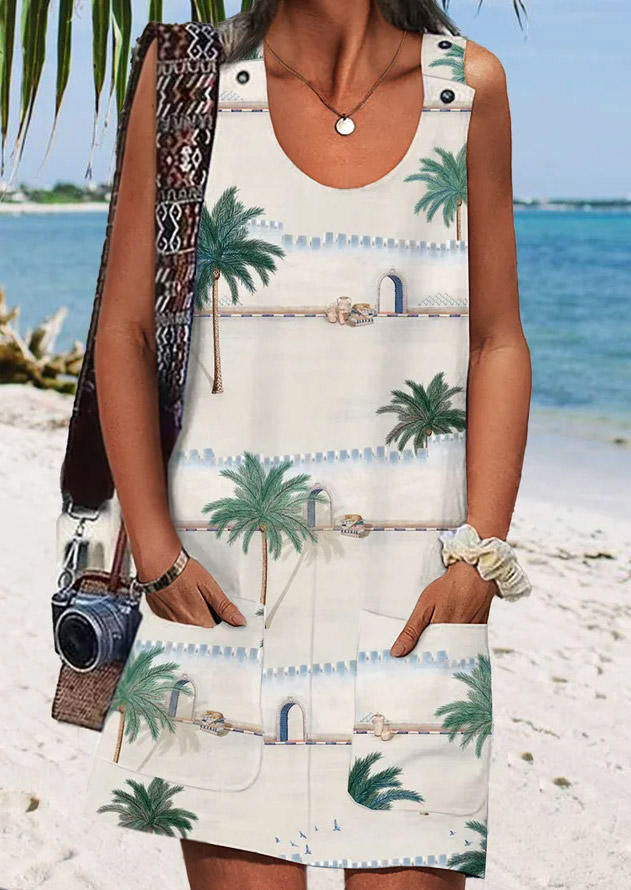 

Coconut Tree Pocket Sleeveless Mini Dress, Multicolor, SCM014218