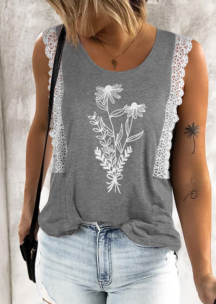 

Wild Flower Lace Splicing O-Neck Tank - Gray, SCM015035