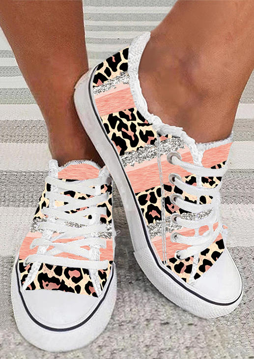 

Glitter Leopard Lace Up Round Toe Flat Sneakers - Pink, SCM015214