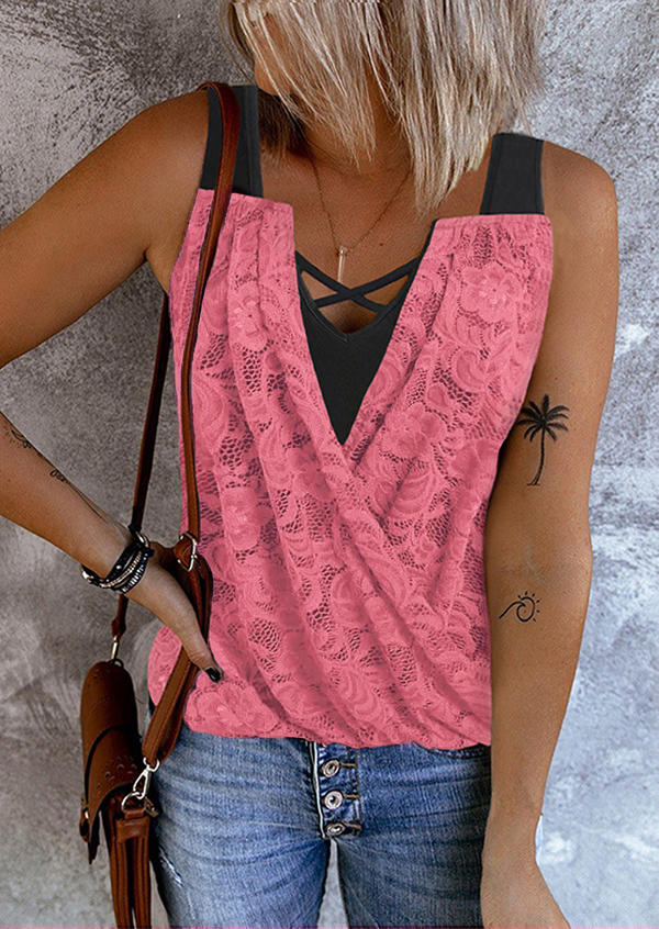 

Lace Splicing Criss-Cross Fake Two-Piece Tank - Pink, SCM015226