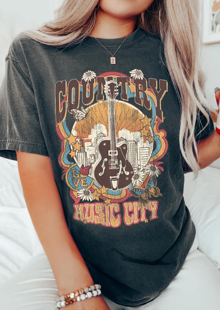 

Country Music City Guitar T-Shirt Tee - Dark Grey, Gray, SCM015047