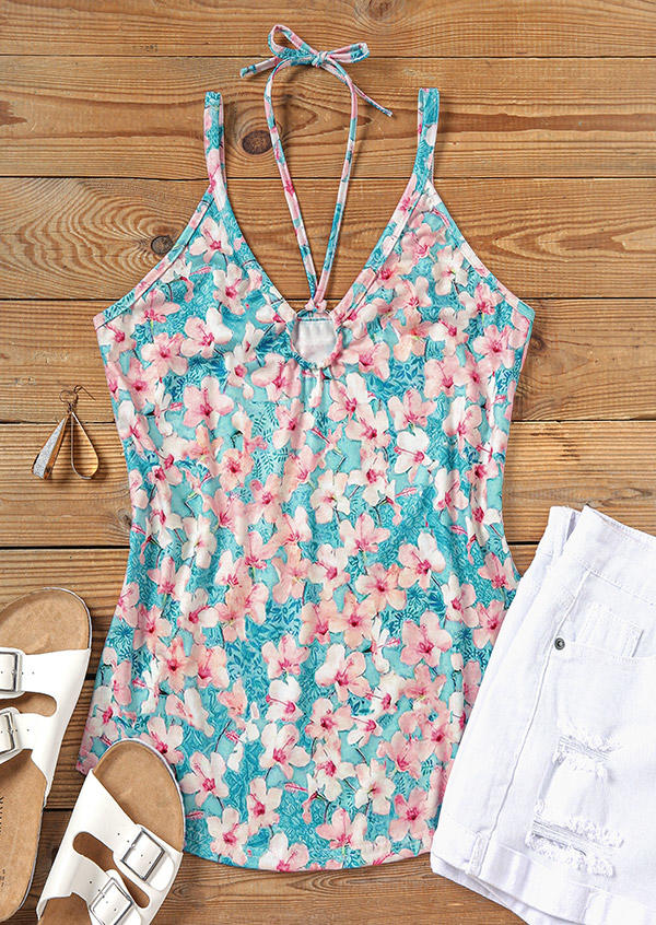 Floral Hollow Out Halter Tie Camisole
