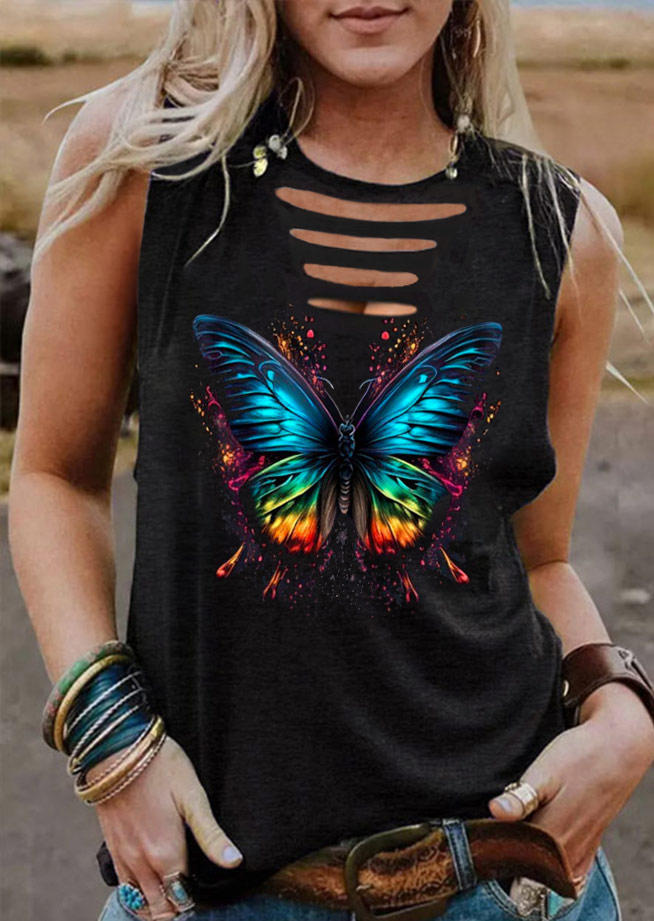 

Butterfly Hollow Out Keyhole Neck Tank - Black, SCM014782