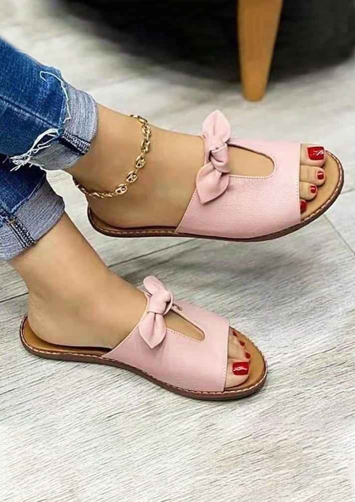 

Bowknot Hollow Out Round Toe Flat Slippers - Pink, SCM014915