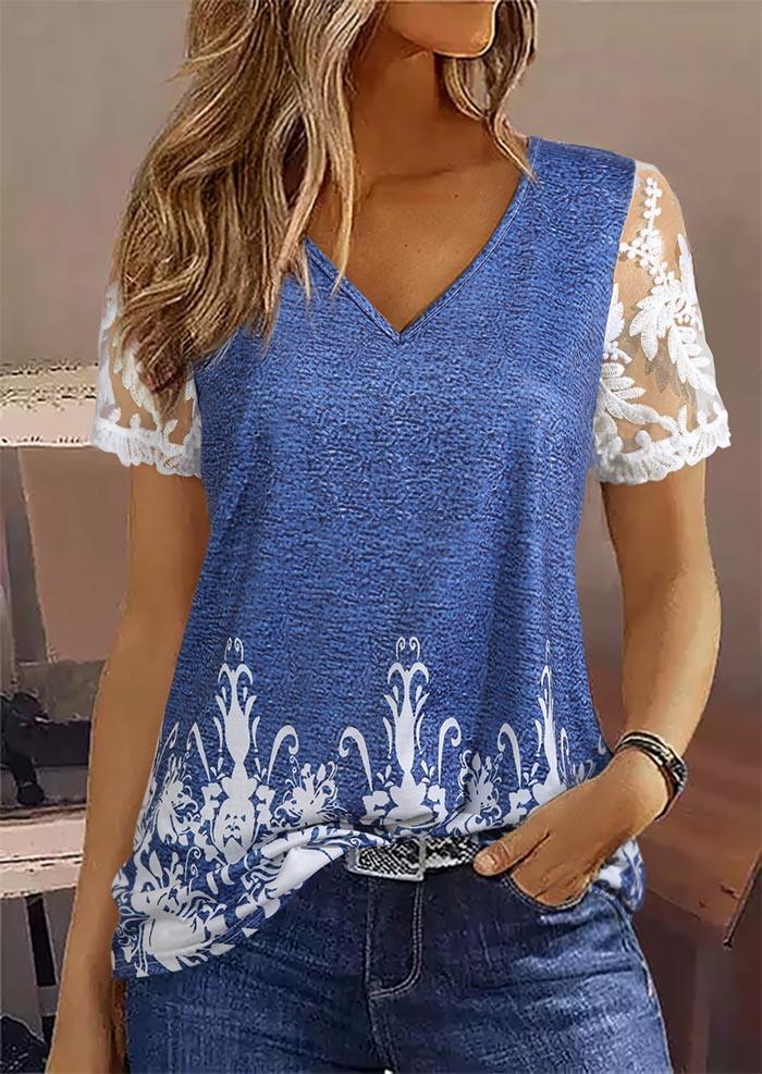 

Floral Lace Splicing V-Neck Blouse - Blue, SCM015179