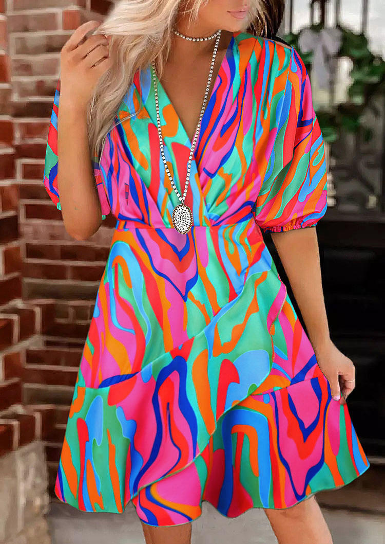 Abstract Graphic Ruffled Batwing Sleeve V-Neck Mini Dress