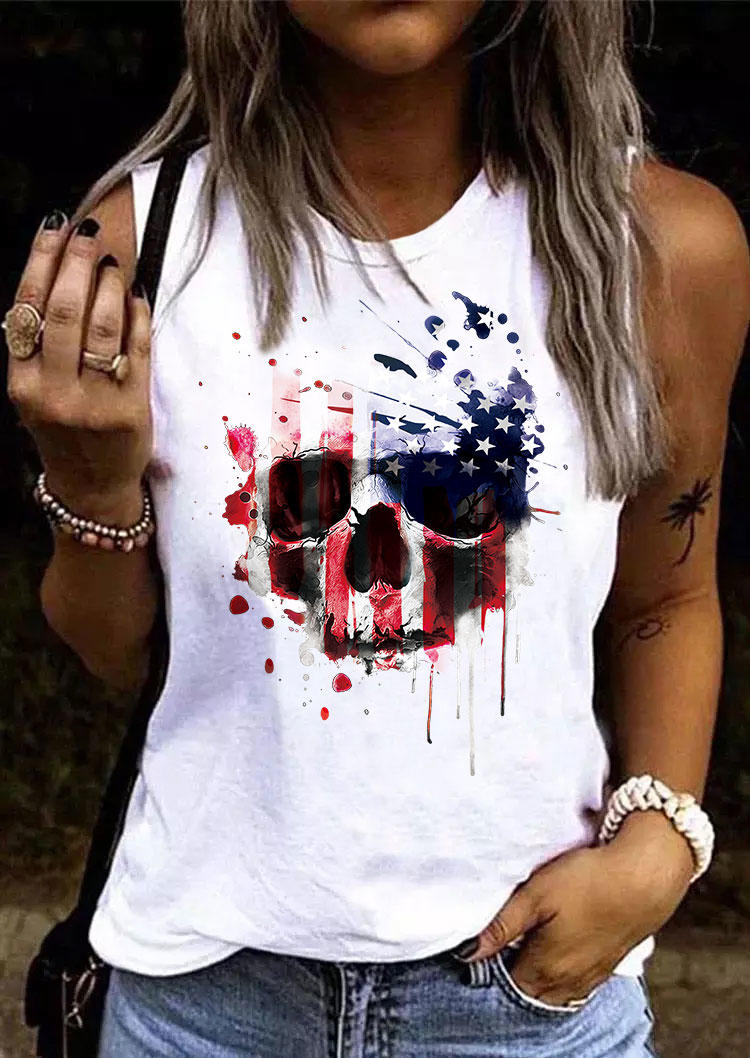 

American Flag Skull O-Neck Tank - White, SCM015245