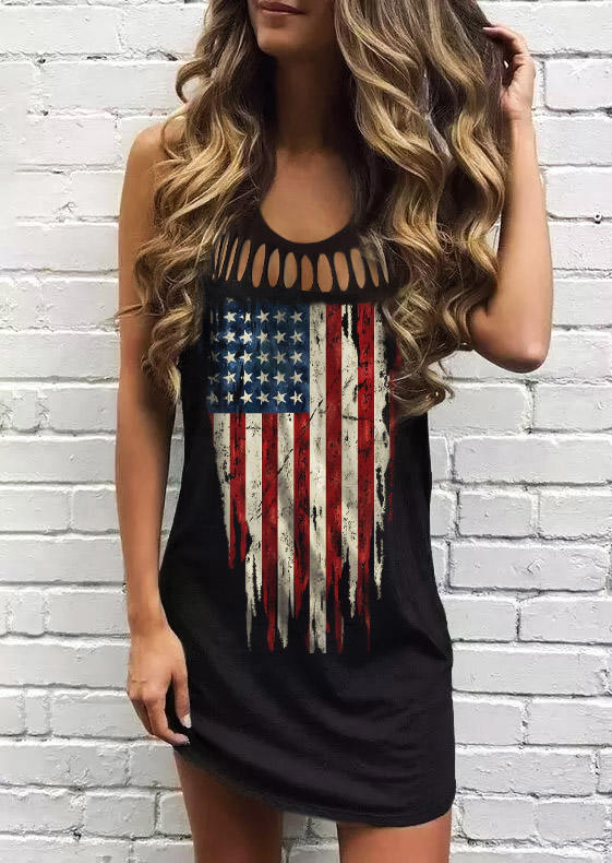 

American Flag Hollow Out Halter Mini Dress - Black, SCM014769