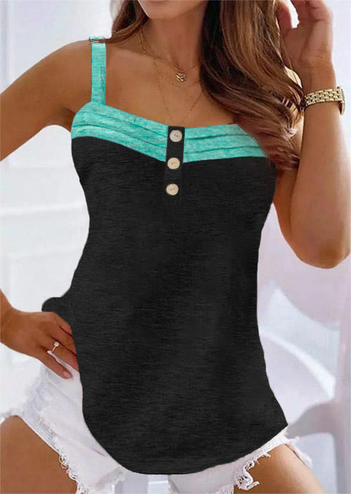 

Color Block Button Backless Square Neck Tank, Black, SCM015170