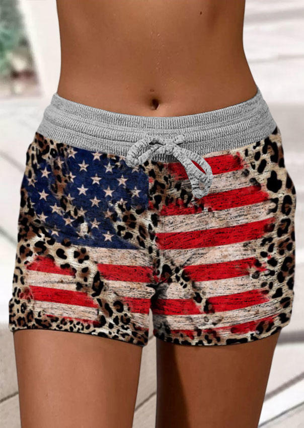 

American Flag Leopard Drawstring Shorts, Multicolor, SCM015315