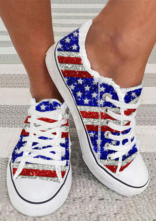 Glitter American Flag Lace Up Flat Sneakers