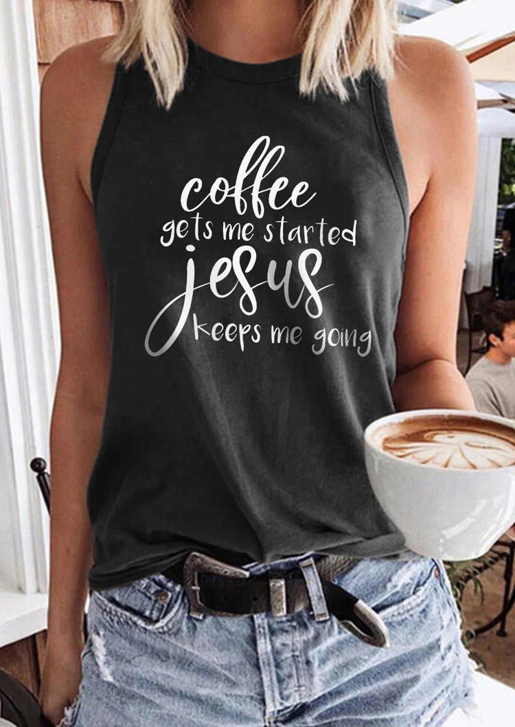 

Coffee Gets Me Started Jesus Keeps Me Going Racerback Tank - Dark Grey, Gray, SCM015412