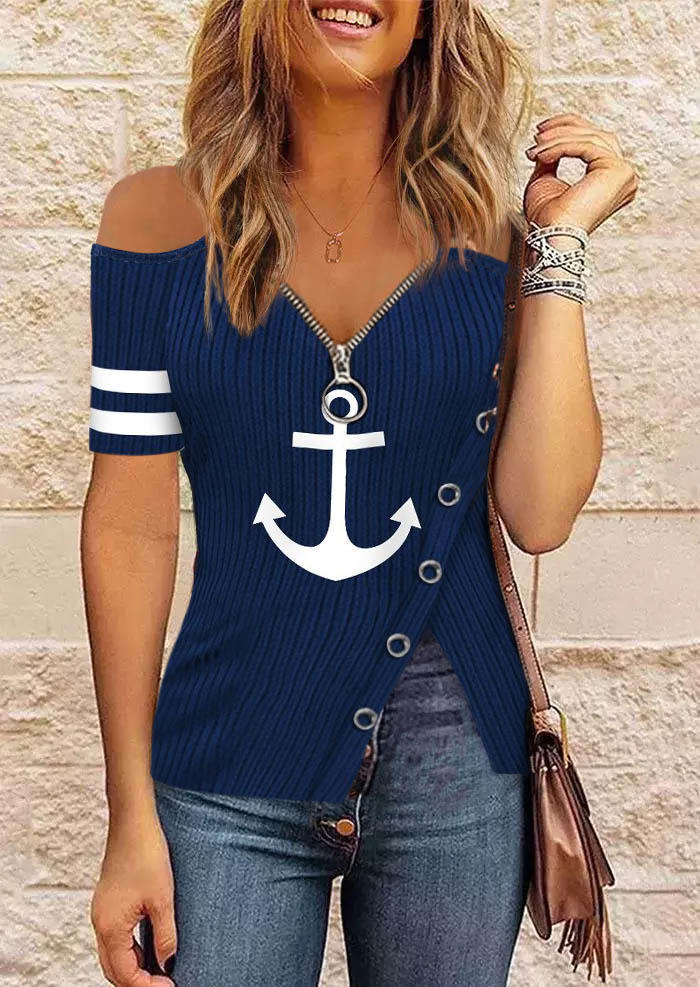 

Anchor Zipper Collar Cold Shoulder Blouse - Blue, SCM014410