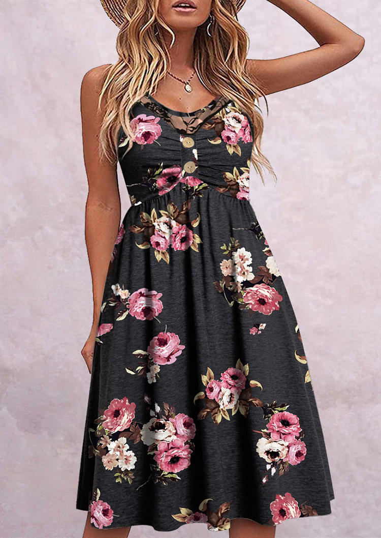 

Floral Lace Splicing Ruffled Button Mini Dress - Black, SCM014975