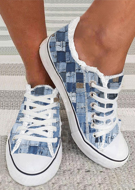

Patchwork Canvas Lace Up Flat Sneakers - Blue, SCM015215