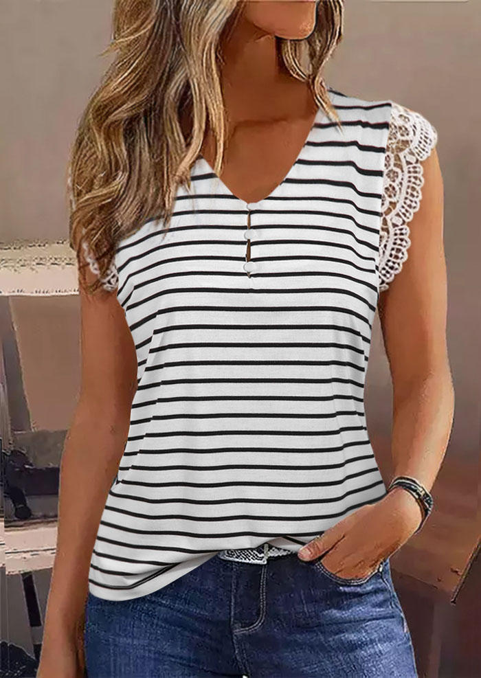 

Lace Striped Splicing Cap Sleeve Blouse - White, SCM015313