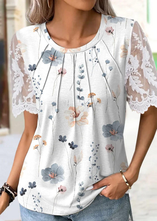 

Floral Lace Splicing Ruffled O-Neck Blouse, Multicolor, SCM015397