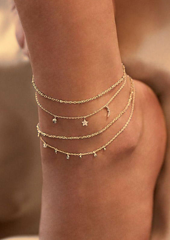 

Star Moon Rhinestone Multi-Layered Anklet, Gold, SCM015210