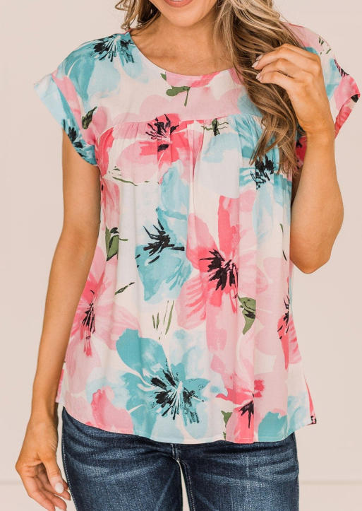 

Floral Ruffled Short Sleeve O-Neck Blouse, Multicolor, SCM013941